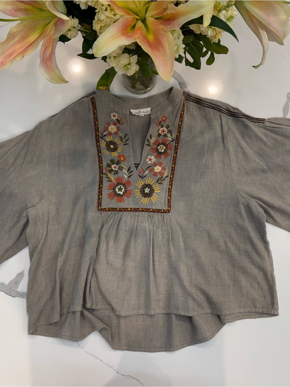 Embroidered Split-Neck Blouse in Brown with Floral Bib
